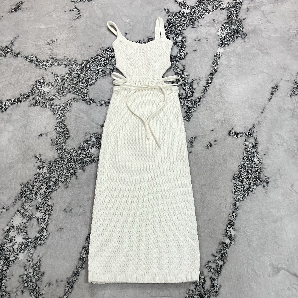 Sabo Knit Cutout Midi Dress Ivory Tie Waist Sleeveless Women's Size XS US 2